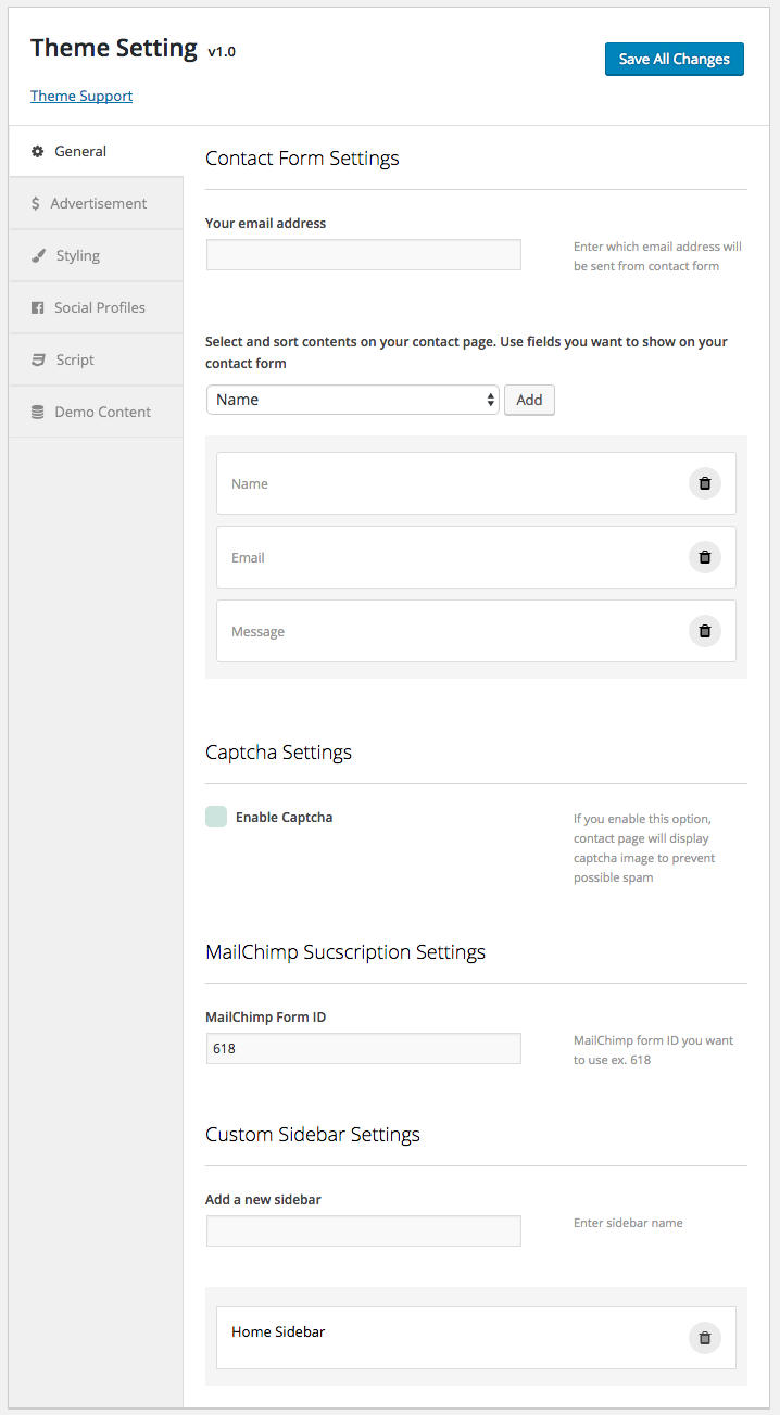 Theme Setting > General for contact form settings, google map, captcha and custom sidebar