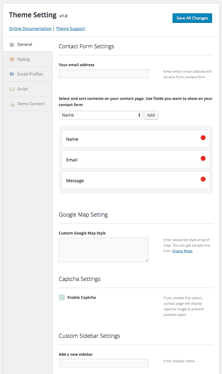 Theme Setting > General for contact form settings, google map, captcha and custom sidebar
